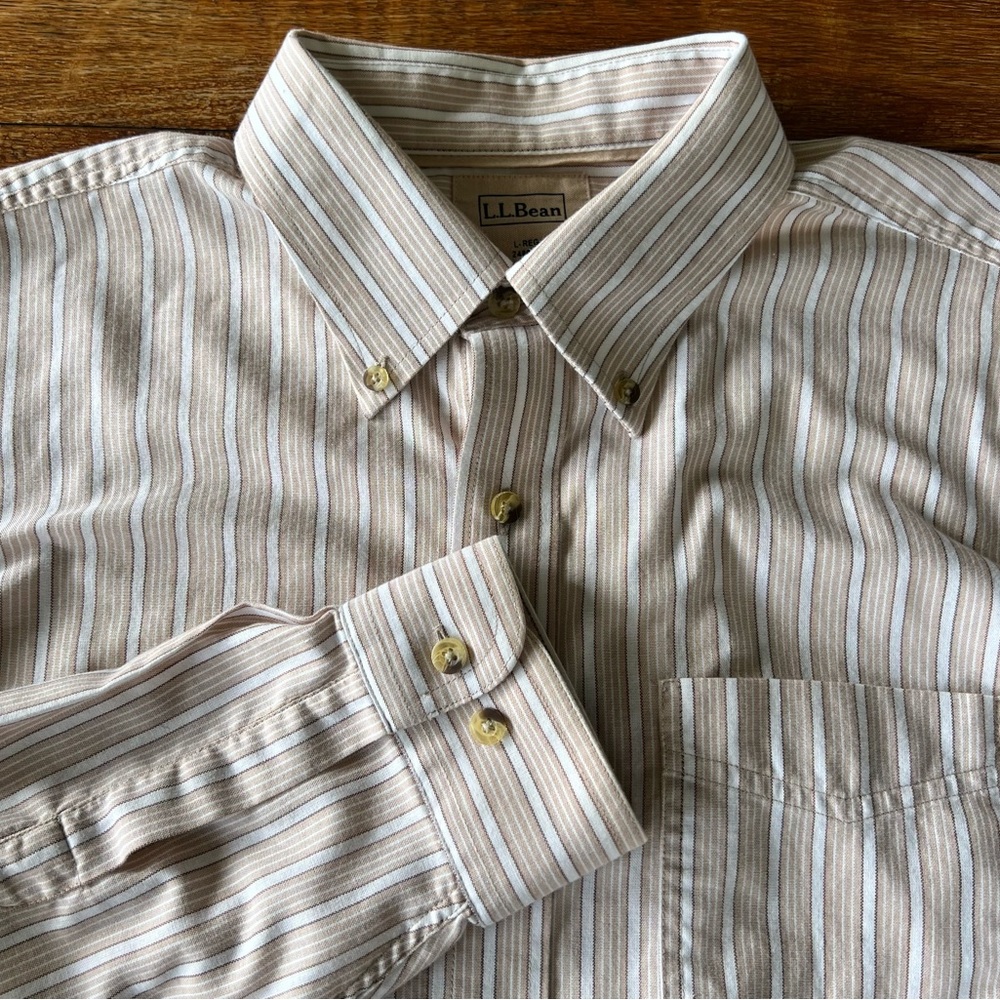 L.L. Bean Men’s Long Sleeve Button Up Shirt Tan Brown White Stripe Cotton L-Reg